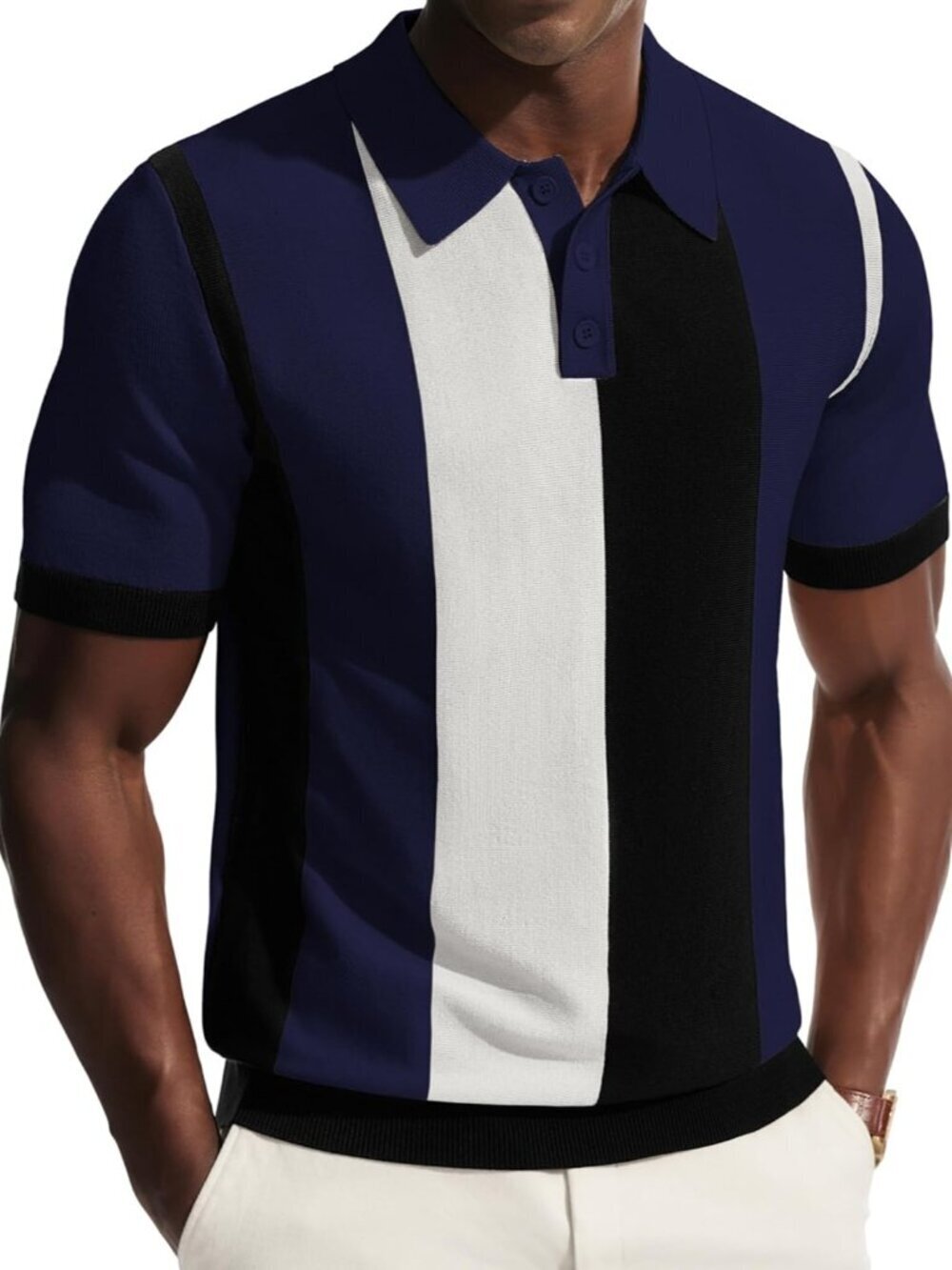 Mens Navy Blue Vintage Striped Knit Polo Shirt Casual Golf Beach Summer